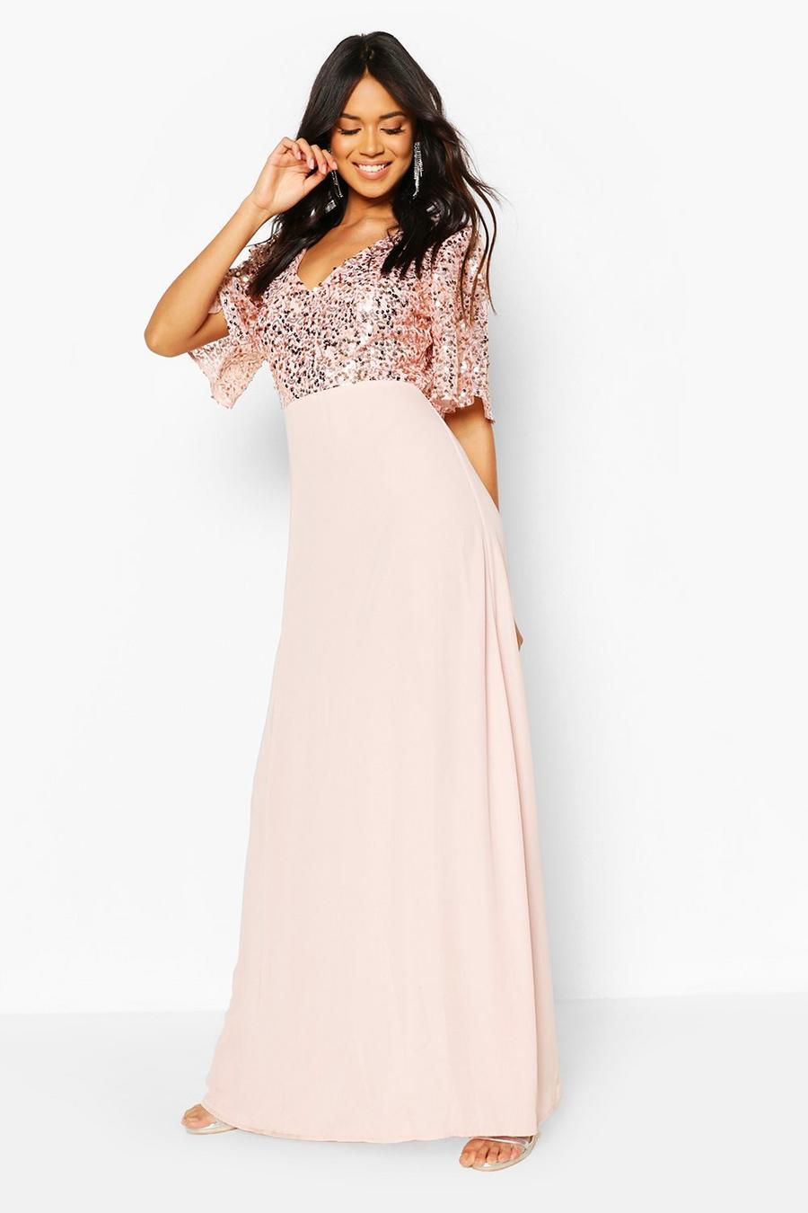 Blush pink Långklänning med paljetter och vid ärm image number 1