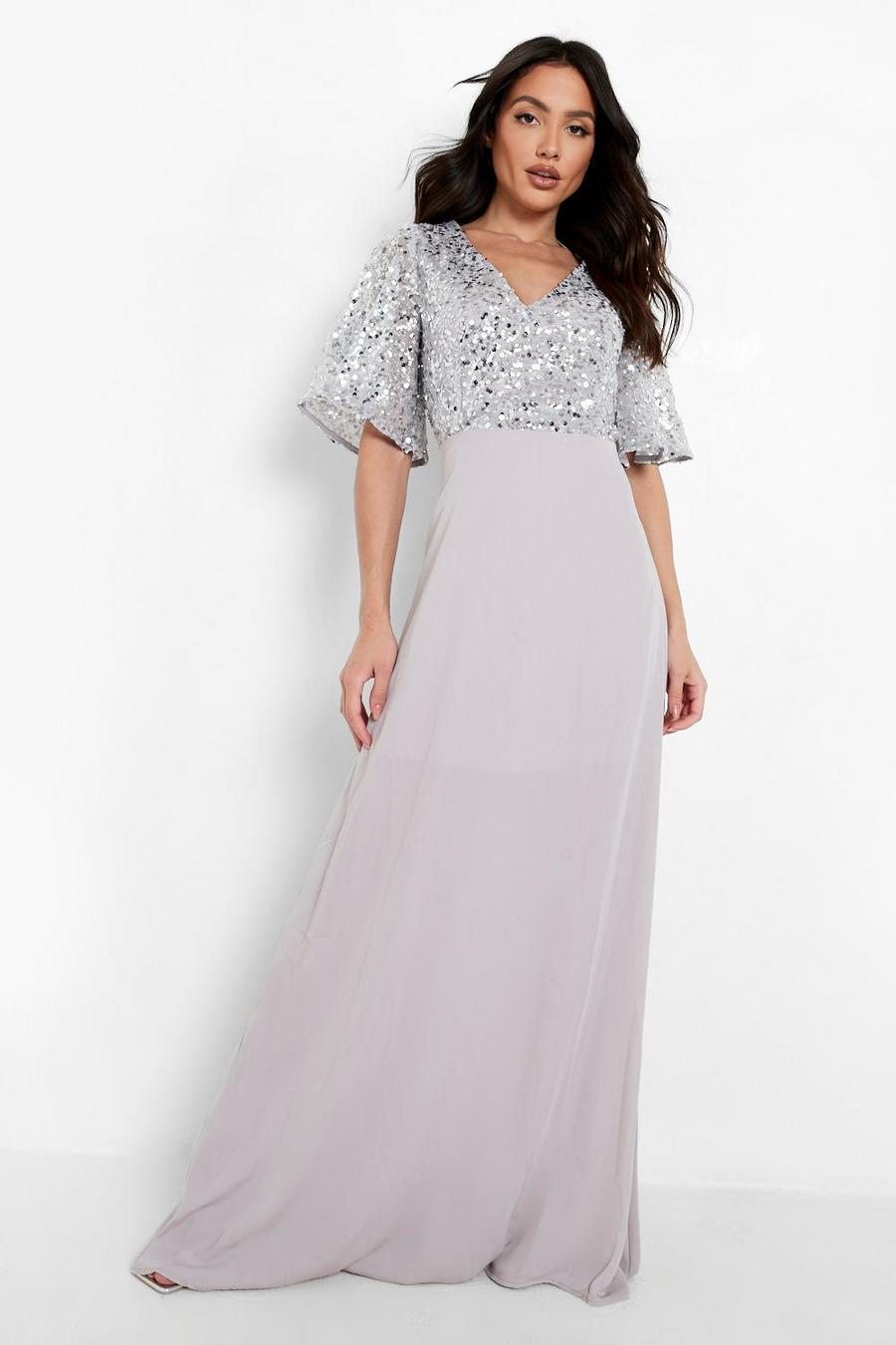 Silver Bridesmaid Occasion Sequin Bodice Angel Maxi Dress