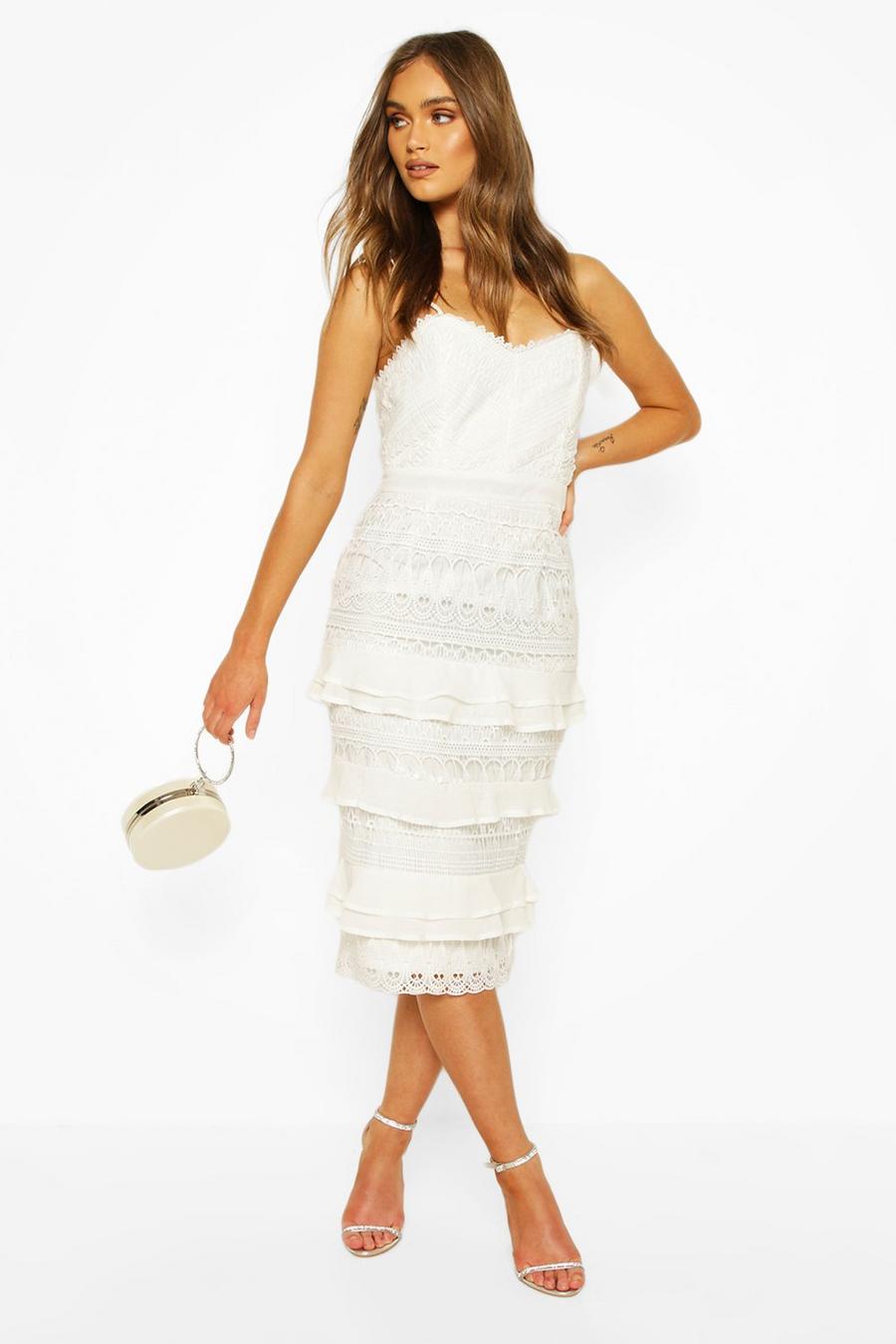 Ivory weiß Boohoo Occasion Heavy Lace Ruffle Detail Midi image number 1