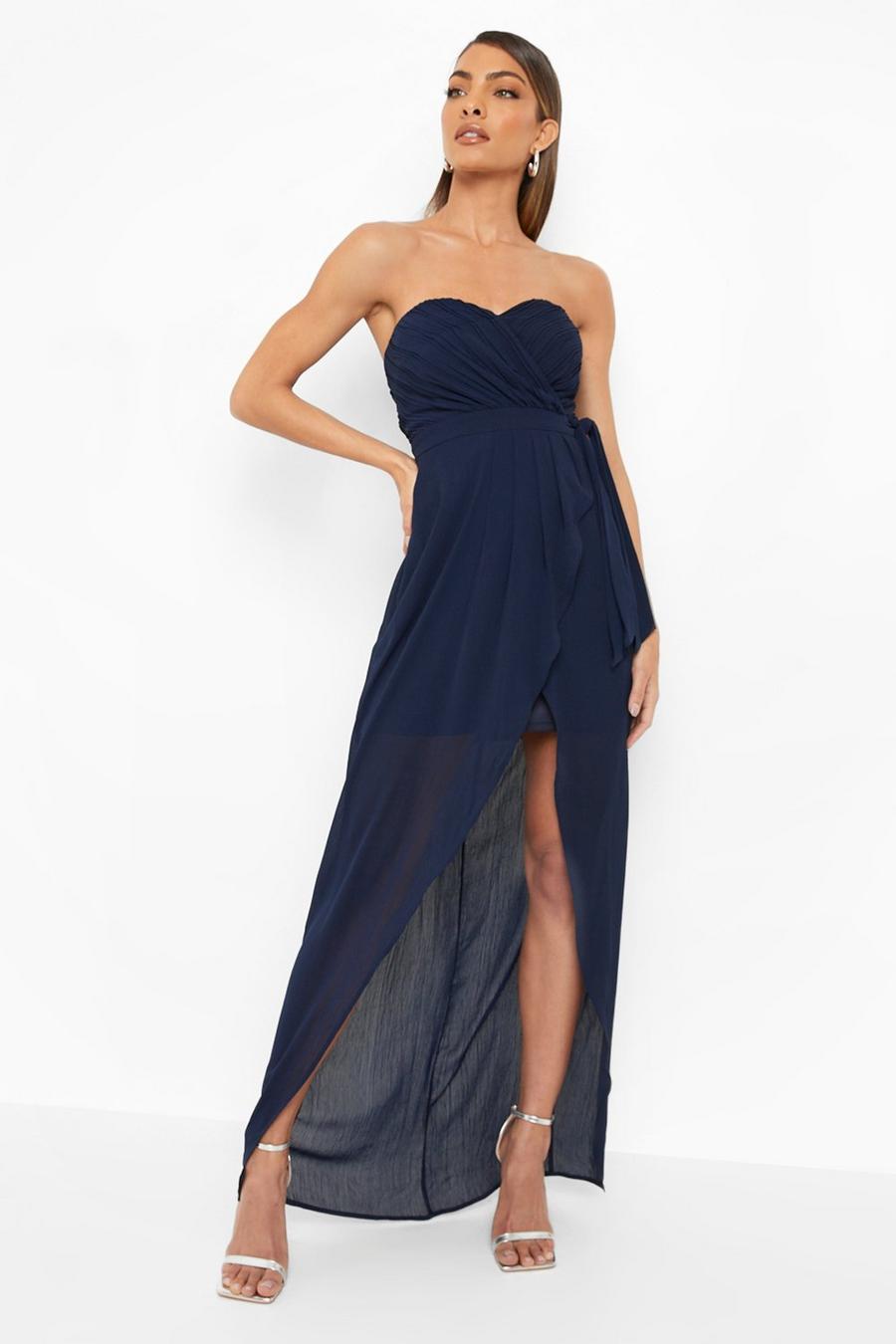 Navy marinblå Bridesmaid Occasion Bandeau Pleated Maxi Dress image number 1