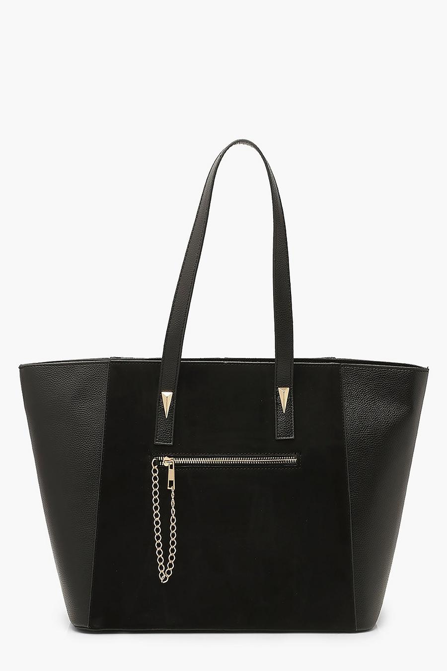 Black Suedette & PU Tote Bag With Chain Trim Detail