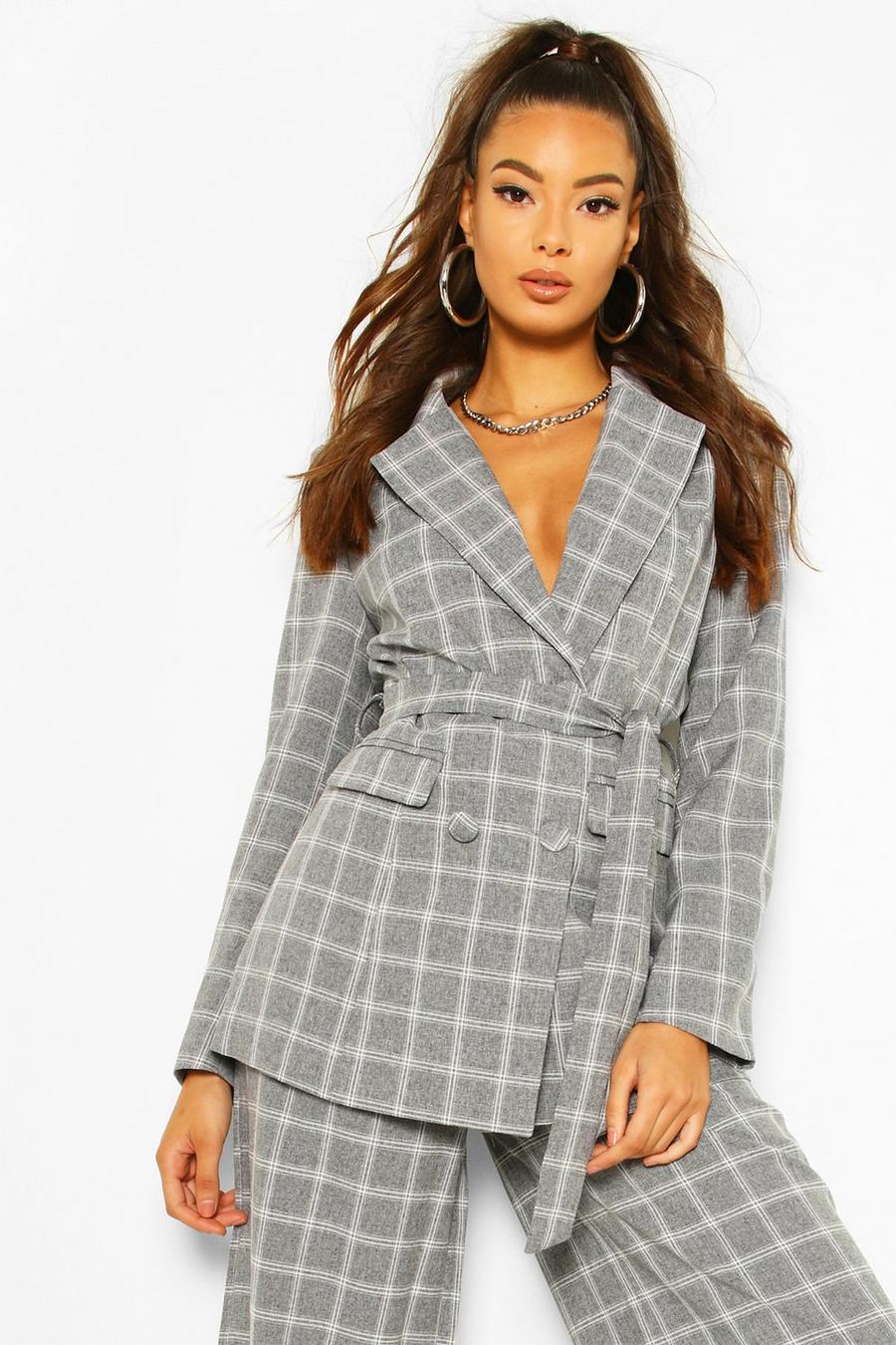 Grey Check Double Breasted Belt Blazer image number 1
