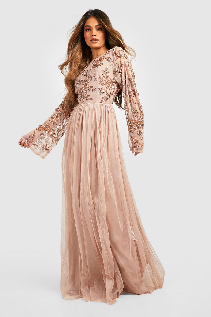 Blush pink Bridesmaid Hand Embellished Long Sleeve Maxi Dress