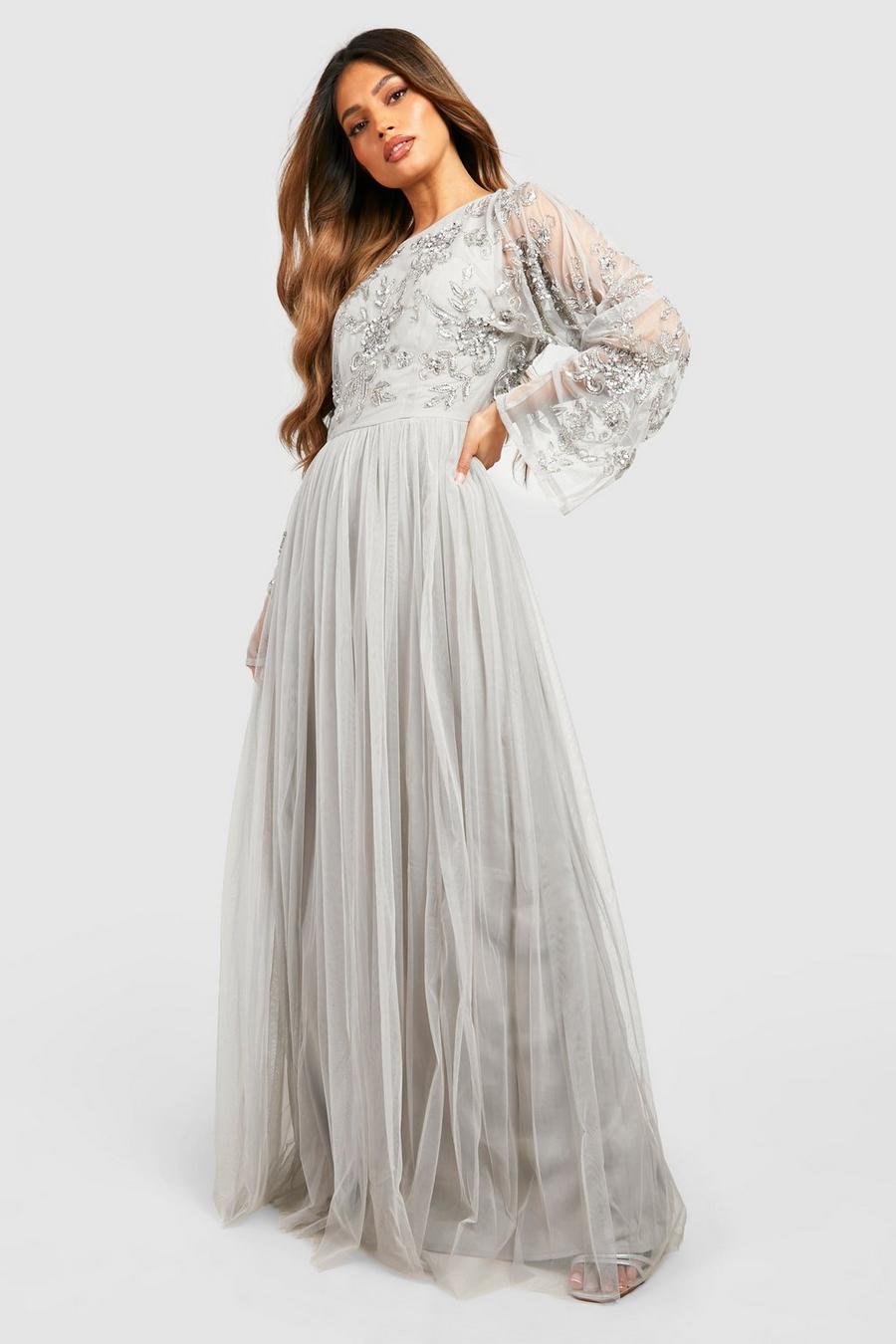 Grey Bridesmaid Hand Embellished Long Sleeve Maxi Dress image number 1