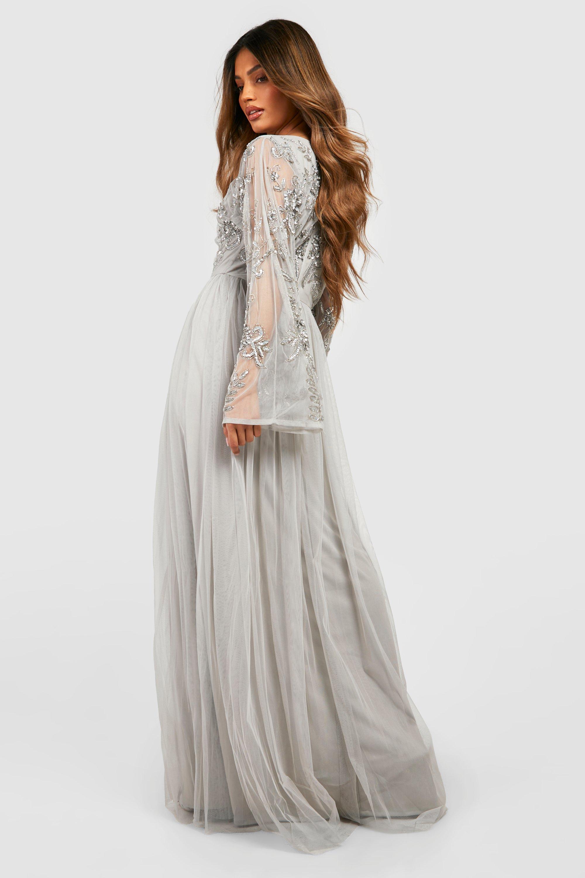 Bridesmaid Hand Embellished Long Sleeve Maxi Dress