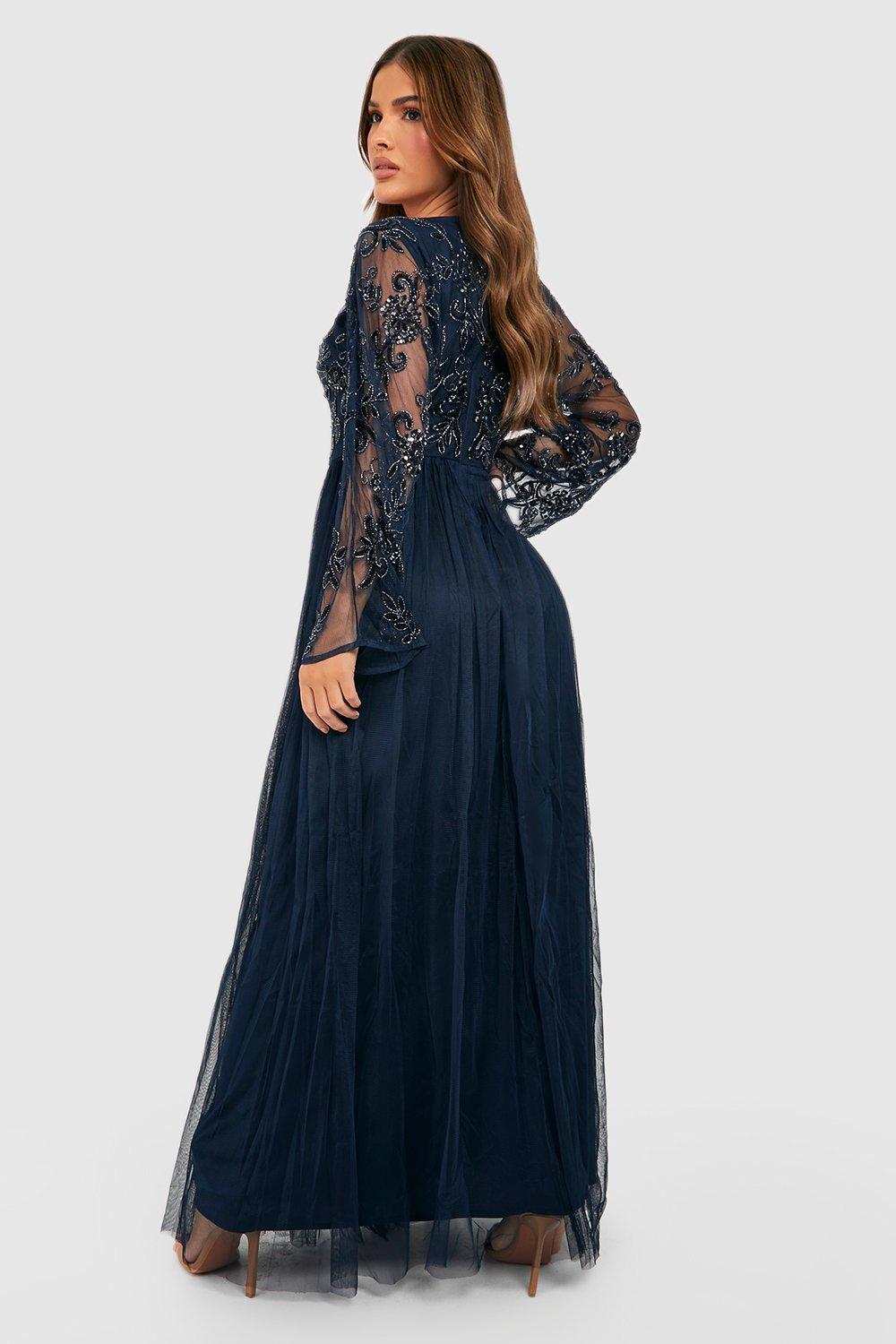 BRIDESMAID HAND EMBELLISHED LONG SLEEVE MAXI DRESS - SIZE 14