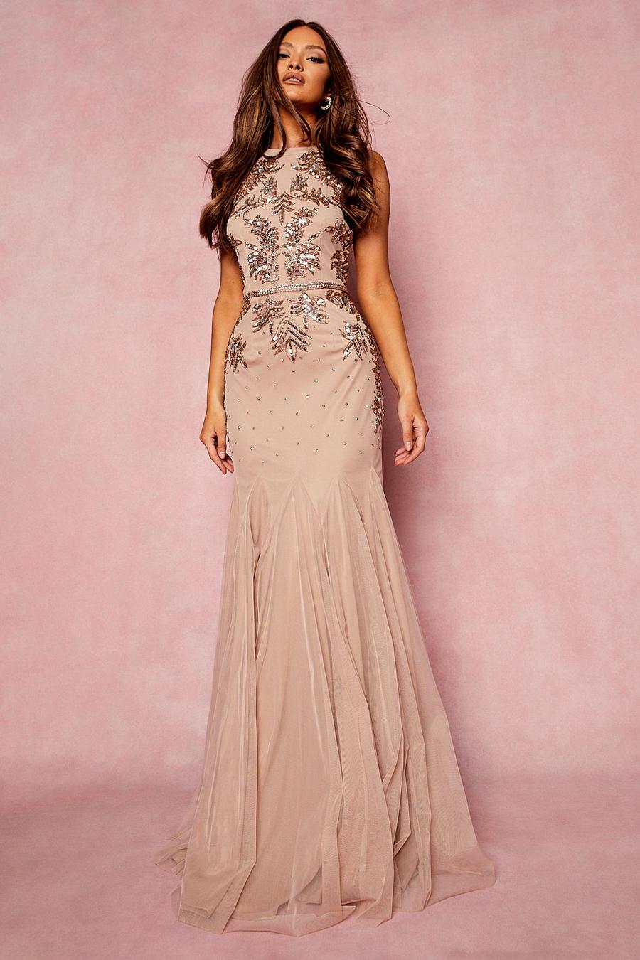 Blush rose Bridesmaid Hand Embellished Halter Maxi Dress image number 1