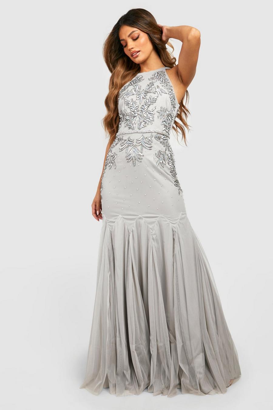 Grey grau Bridesmaid Hand Embellished Halter Maxi Dress image number 1
