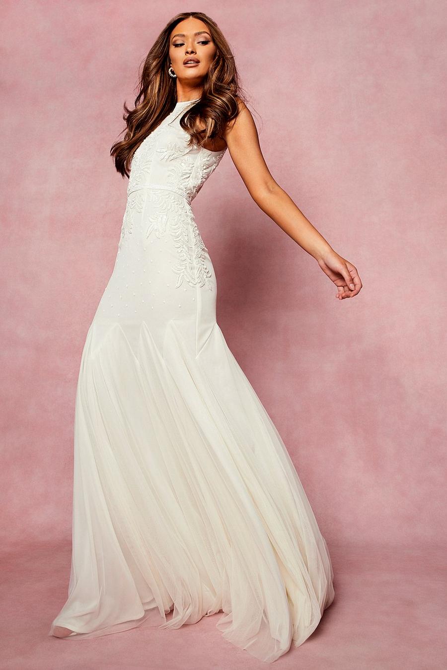 Ivory bianco Bridesmaid Hand Embellished Halter Maxi Dress