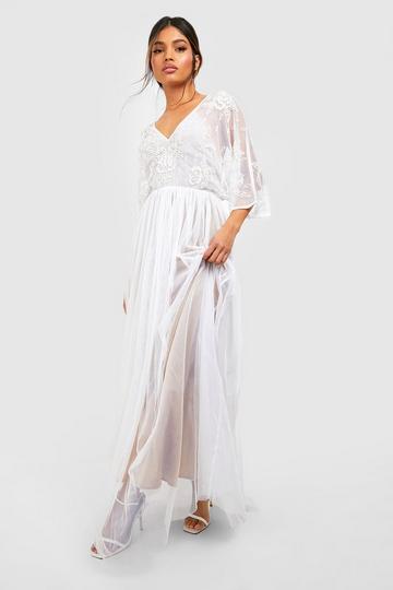 White Bridesmaid Hand Embellished Kimono Mesh Maxi