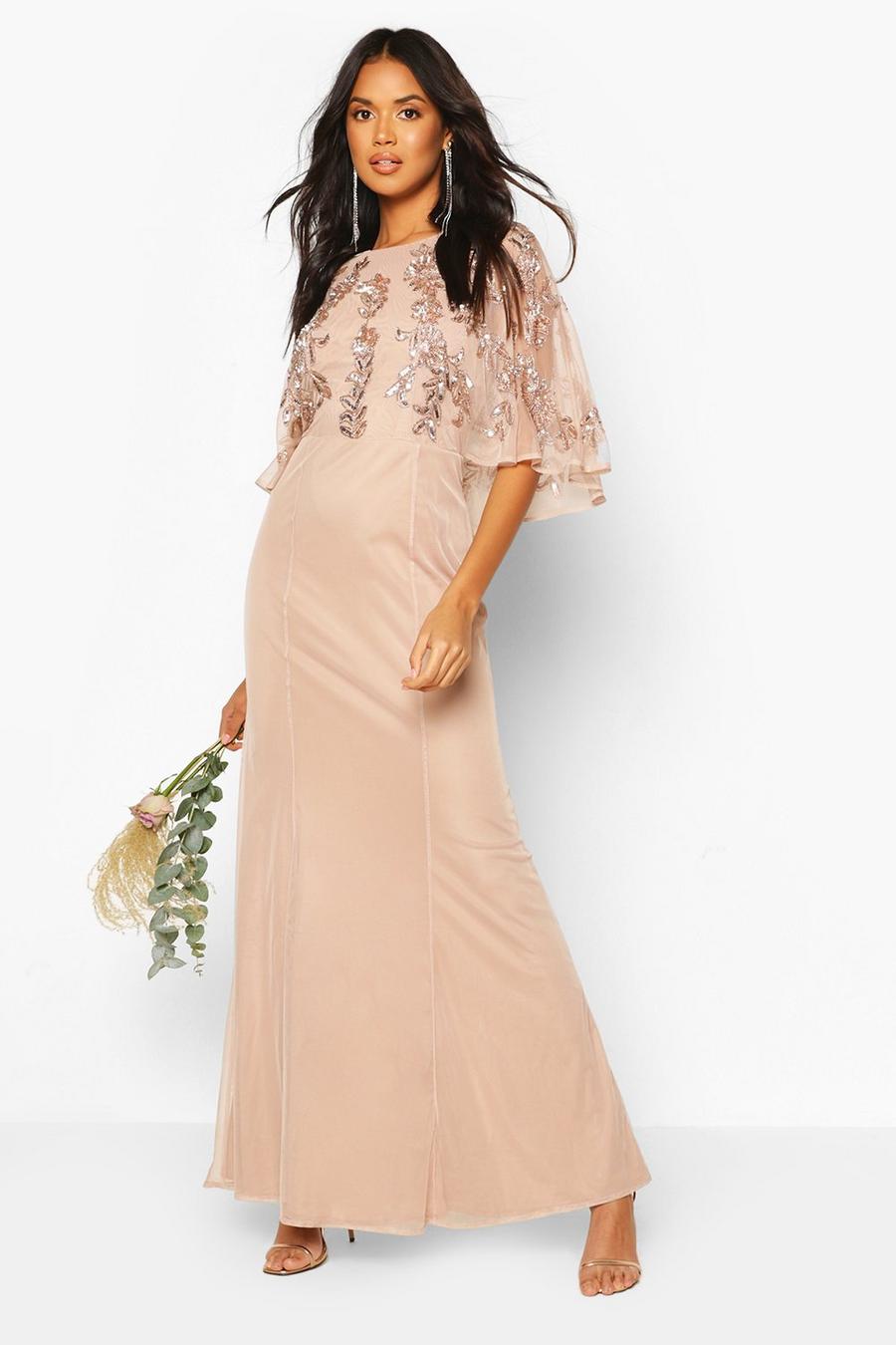 Blush rose Bridesmaid Hand Embellished Cape Maxi Dress image number 1
