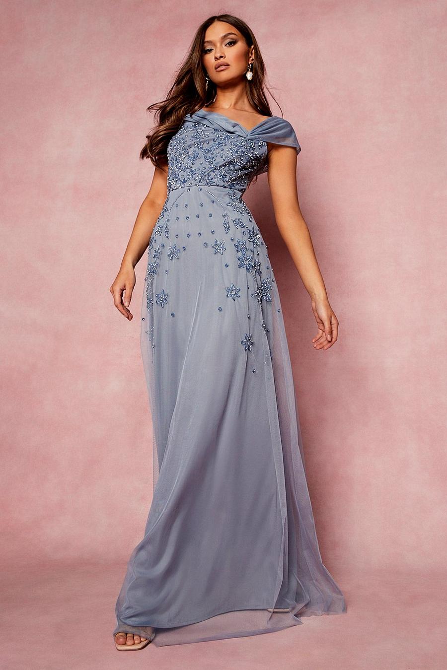 Dusty blue Bridesmaid Hand Embellished Bow Detail Maxi