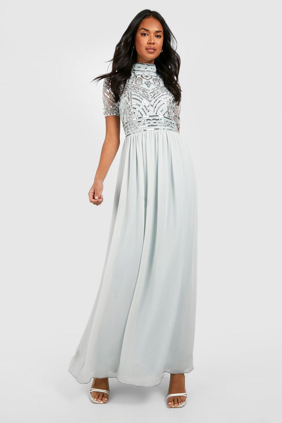 Ice blue Bridesmaid High Neck Hand Embellished Maxi Dress