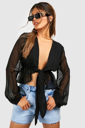 Black Dobby Chiffon Tie Front Blouse