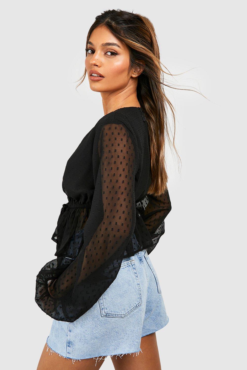 Tie-neck Chiffon Blouse - Black - Ladies