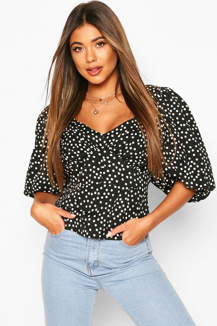 Black Polka Dot Puff Sleeve Button Detail Blouse image number 1