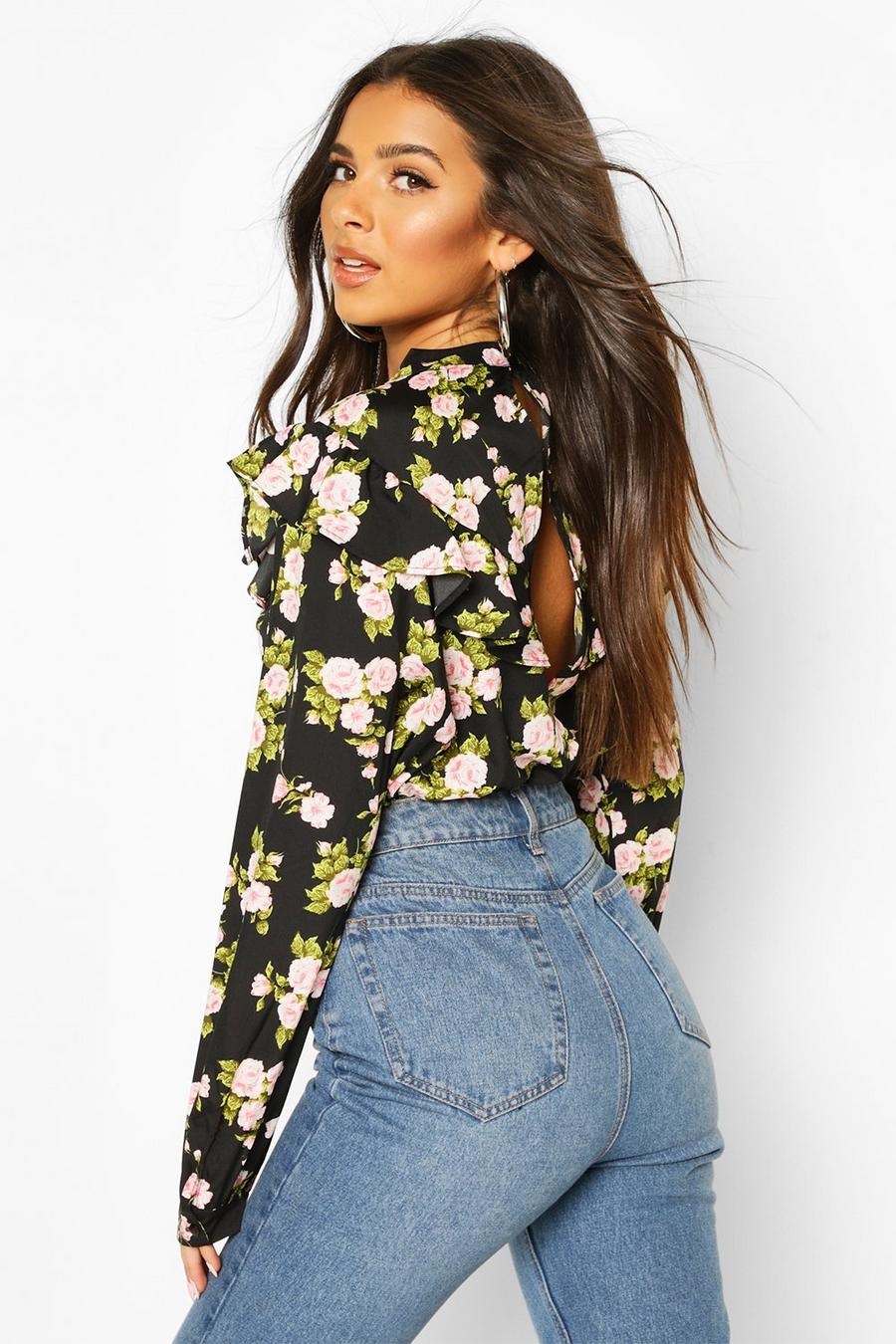 Floral Ruffle Sleeve Open Back Blouse image number 1