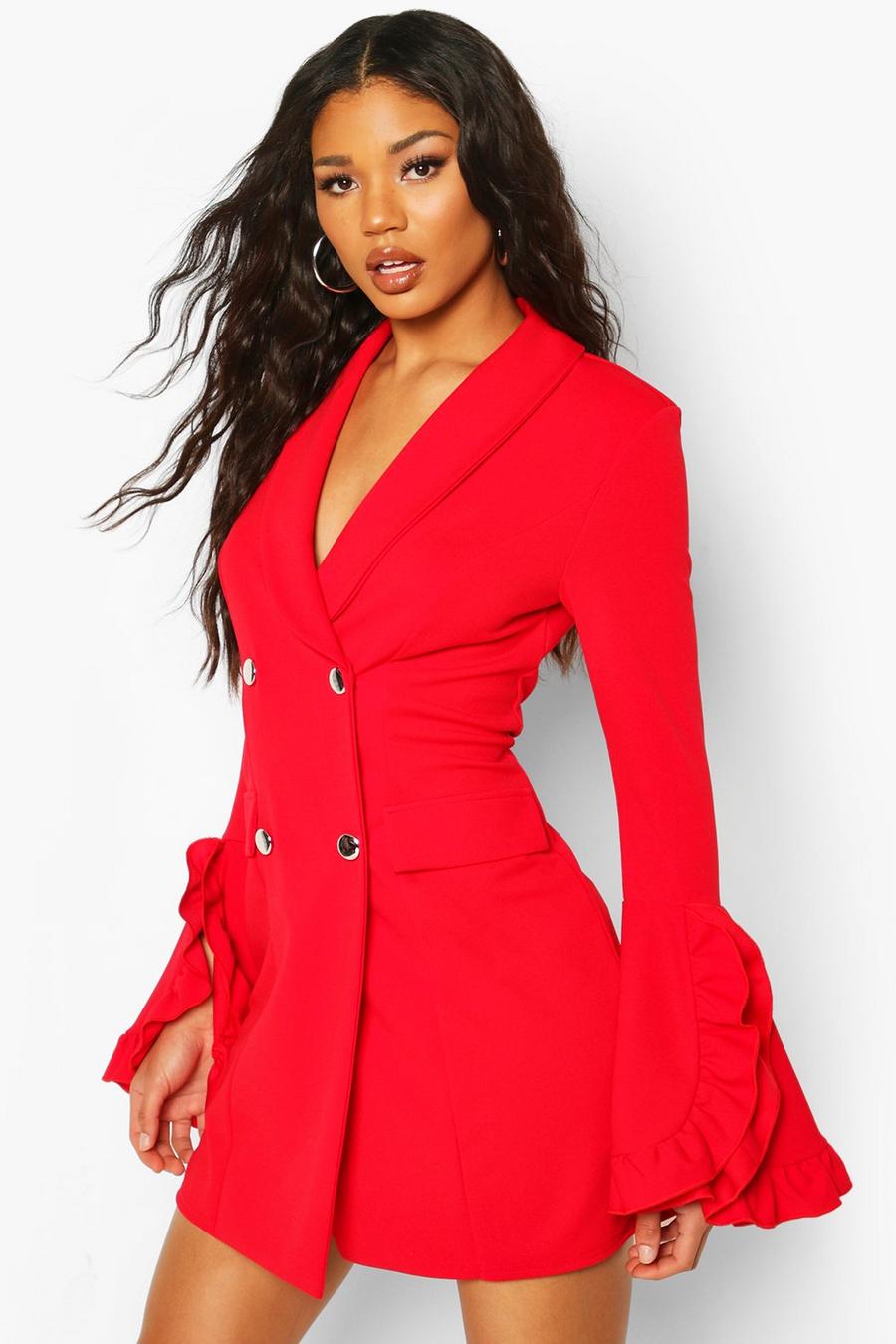 Red Frill Sleeve Blazer Dress image number 1