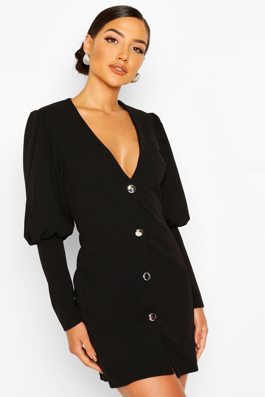 Black Puff Sleeve Plunge Button Front Blazer Dress image number 1