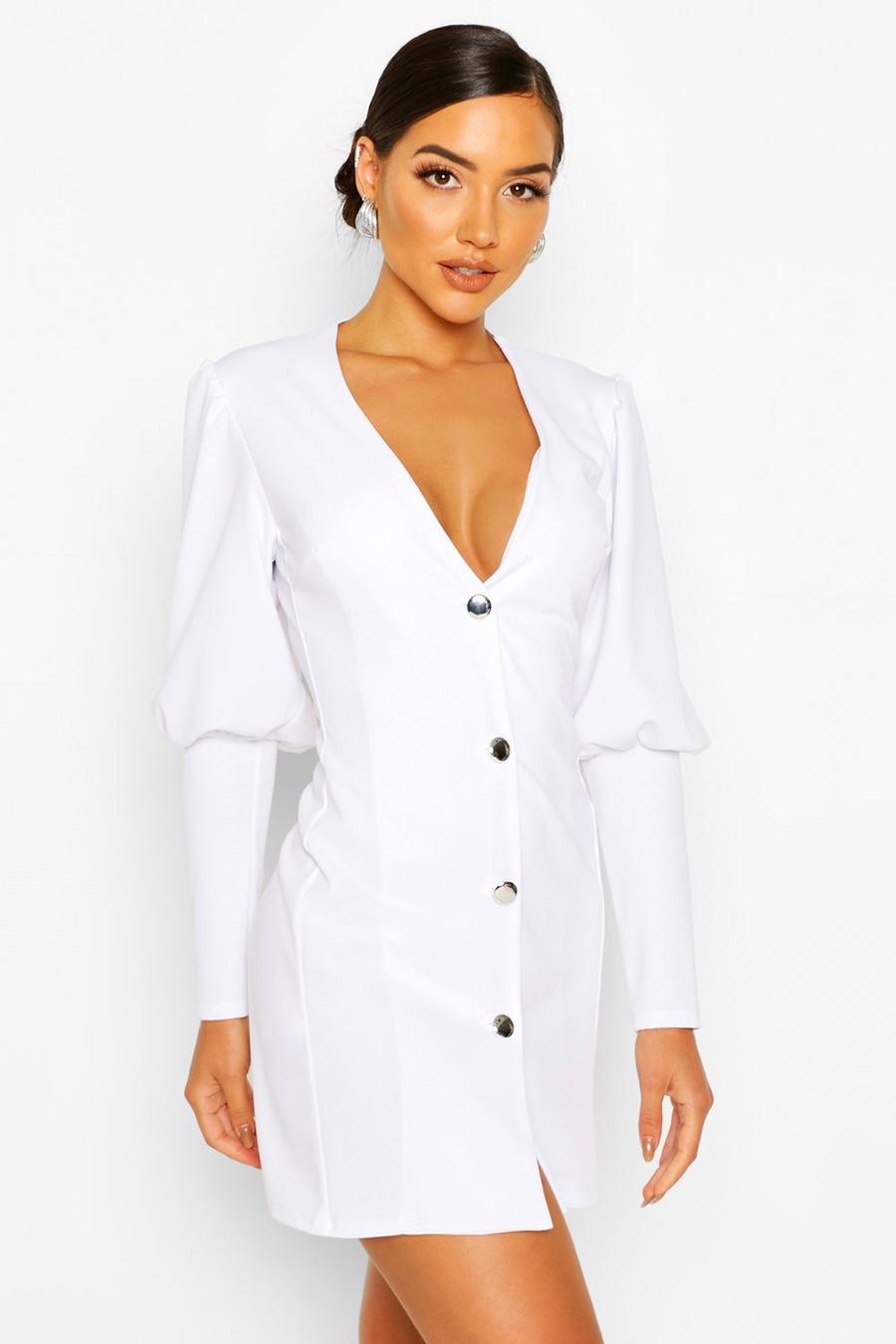 White Puff Sleeve Plunge Button Front Blazer Dress image number 1