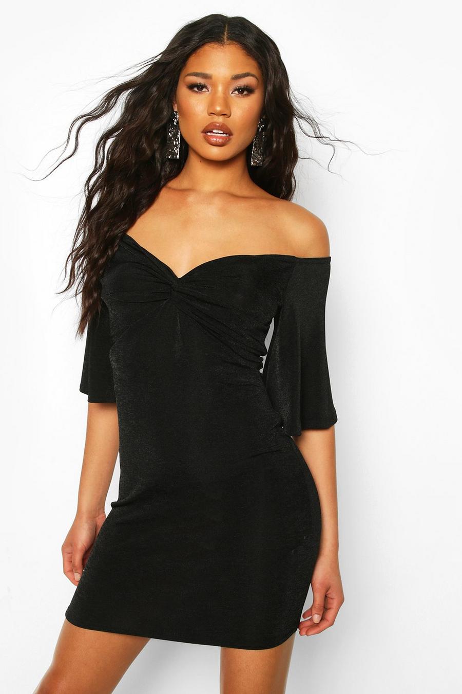 Black Textured Slinky Off The Shoulder Twist Mini Dress image number 1