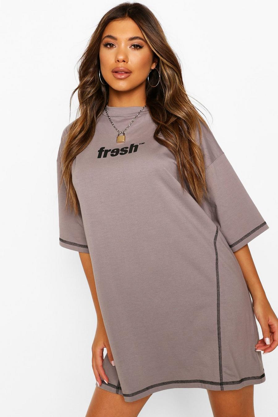 Grey Slogan Contrast Stitch Tshirt Dress image number 1