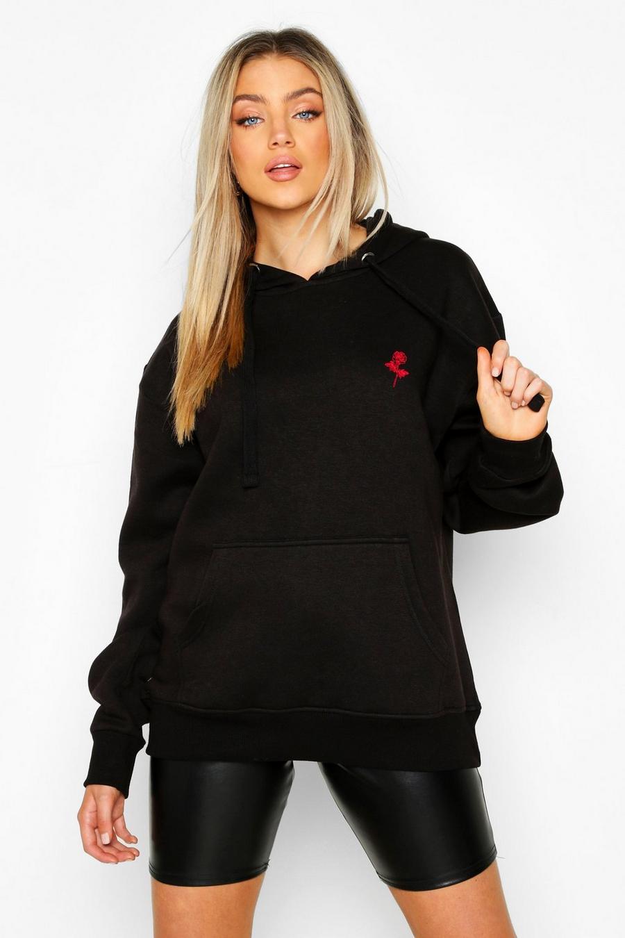 Black Oversize hoodie med broderad ros image number 1