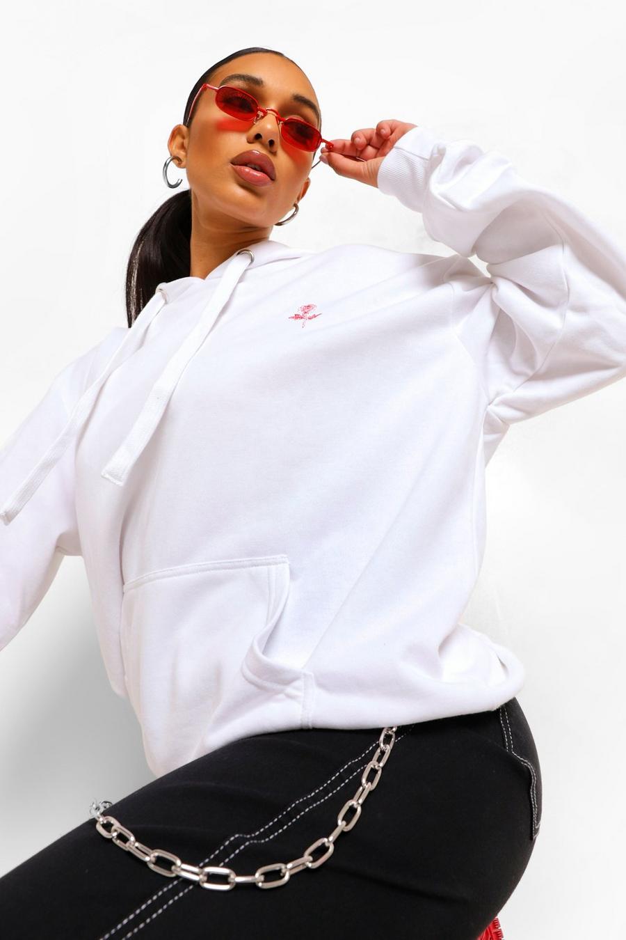 White Rose Pocket Embroidered Oversized Hoodie image number 1