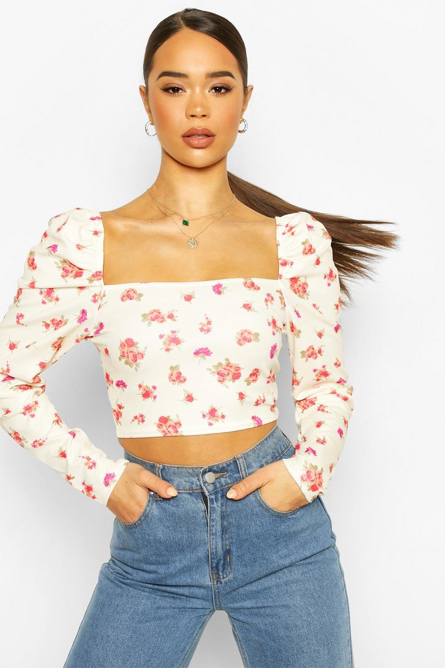 Floral Square Neck Puff Sleeve Top image number 1