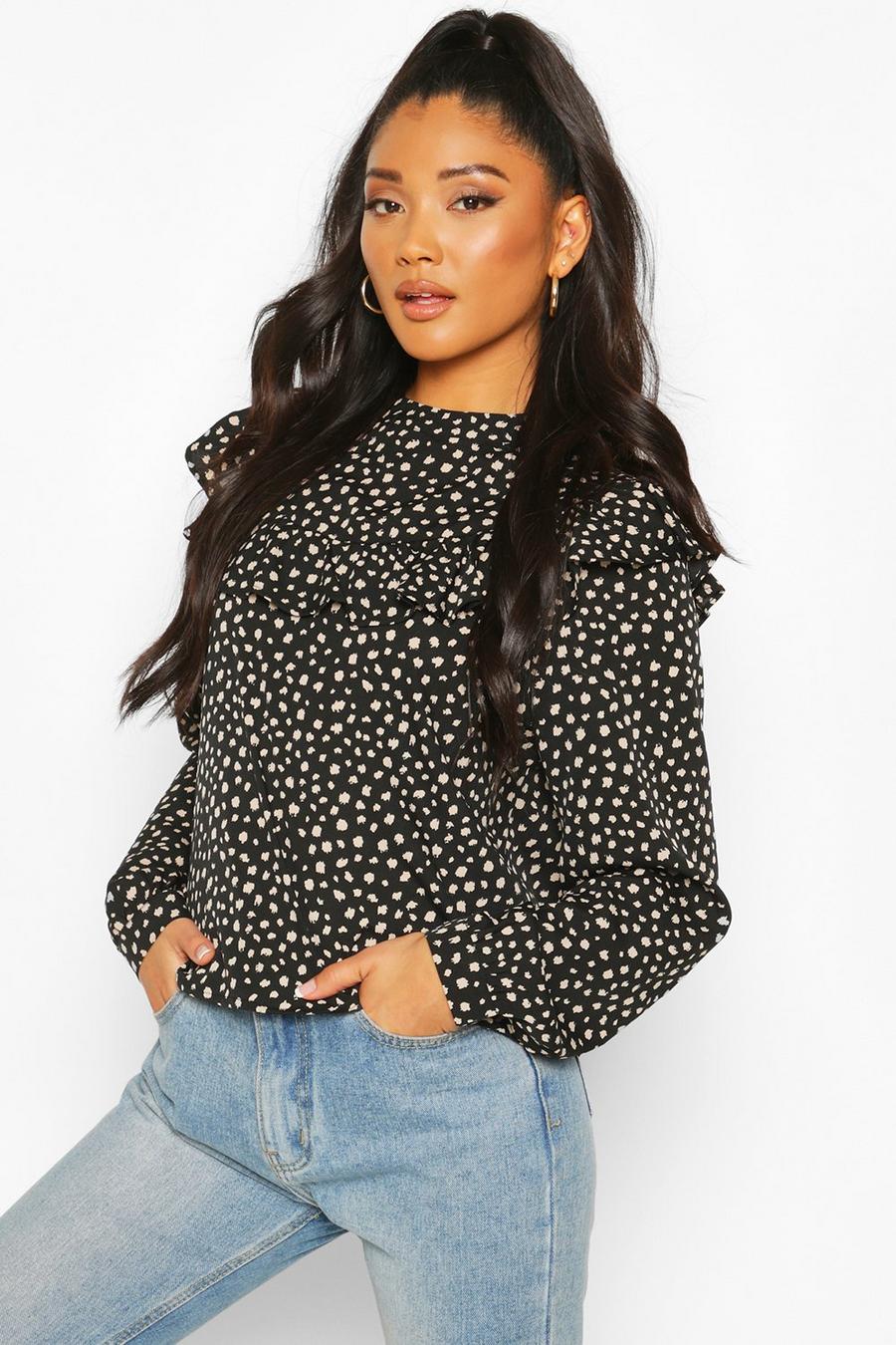 Smudge Polka Dot Ruffle Detail Open Back Blouse image number 1