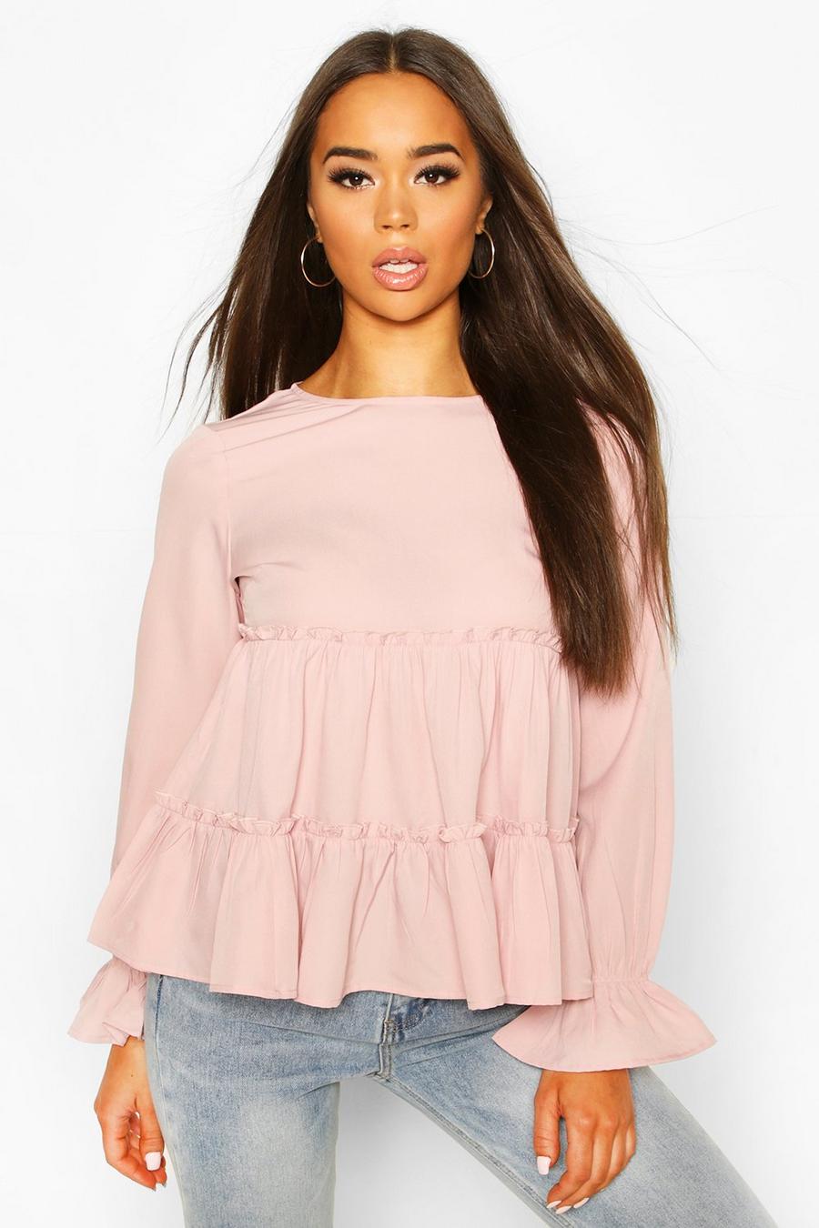 Blush Woven Ruffle Long Sleeve Smock Top image number 1