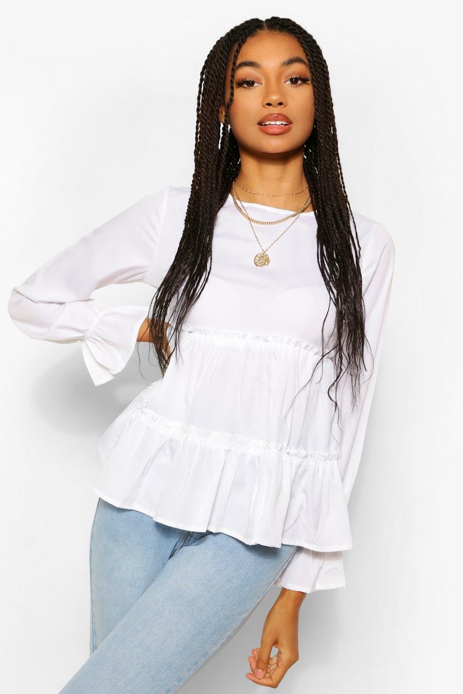 White Woven Ruffle Long Sleeve Smock Top image number 1