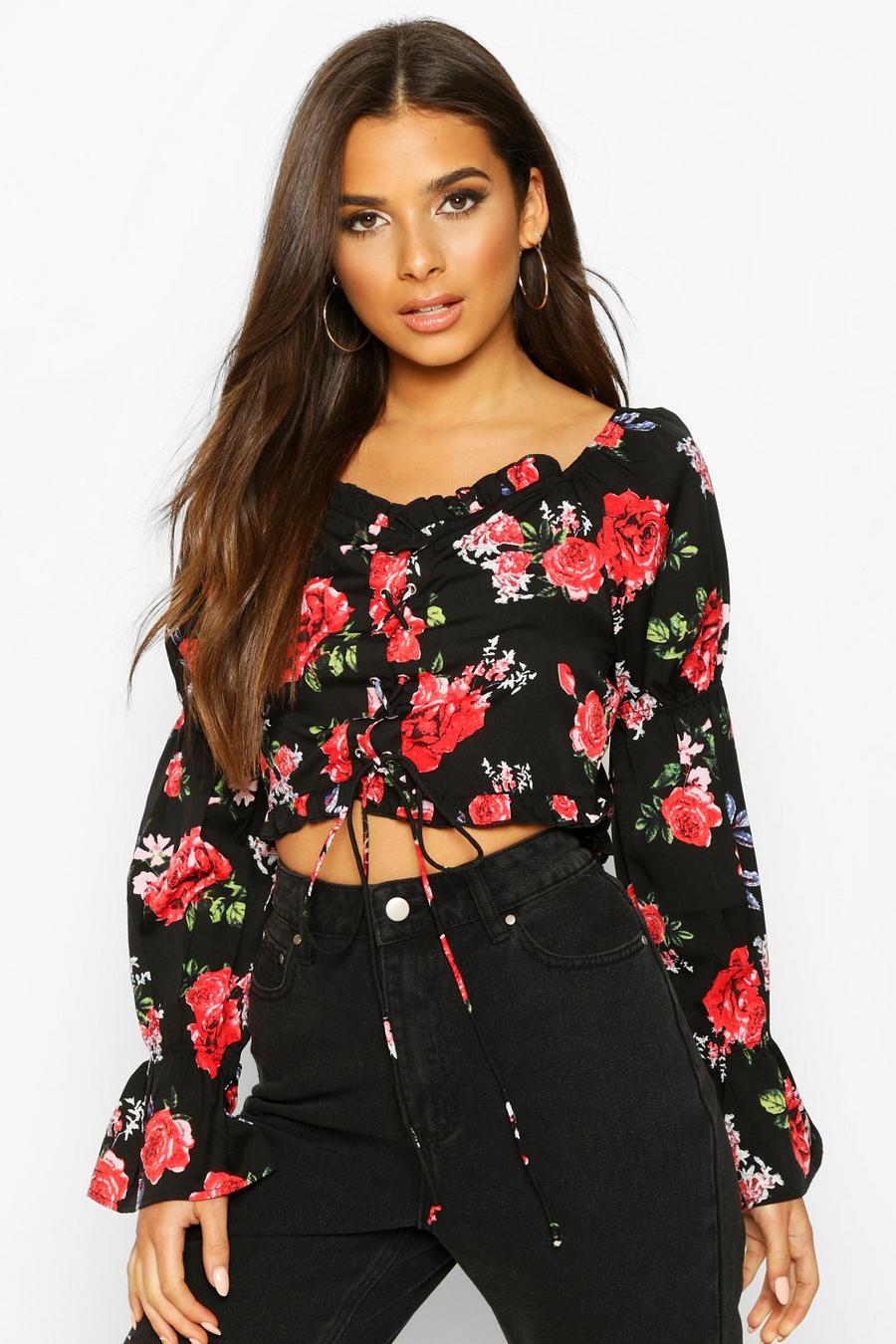 Black nero Rose Print Lace Up Long Sleeve Top image number 1