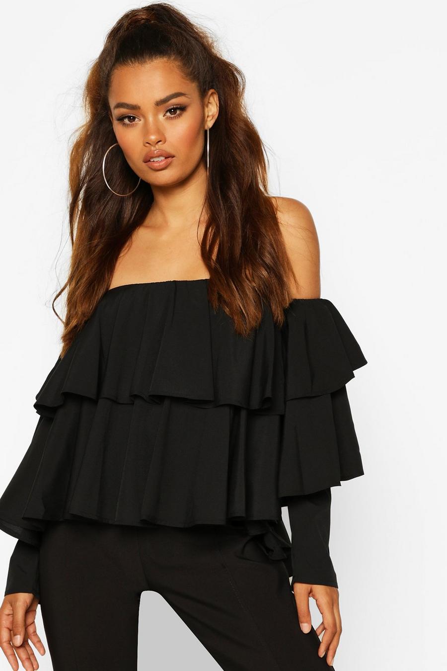 Black Multi Ruffle Off The Shoulder Top image number 1