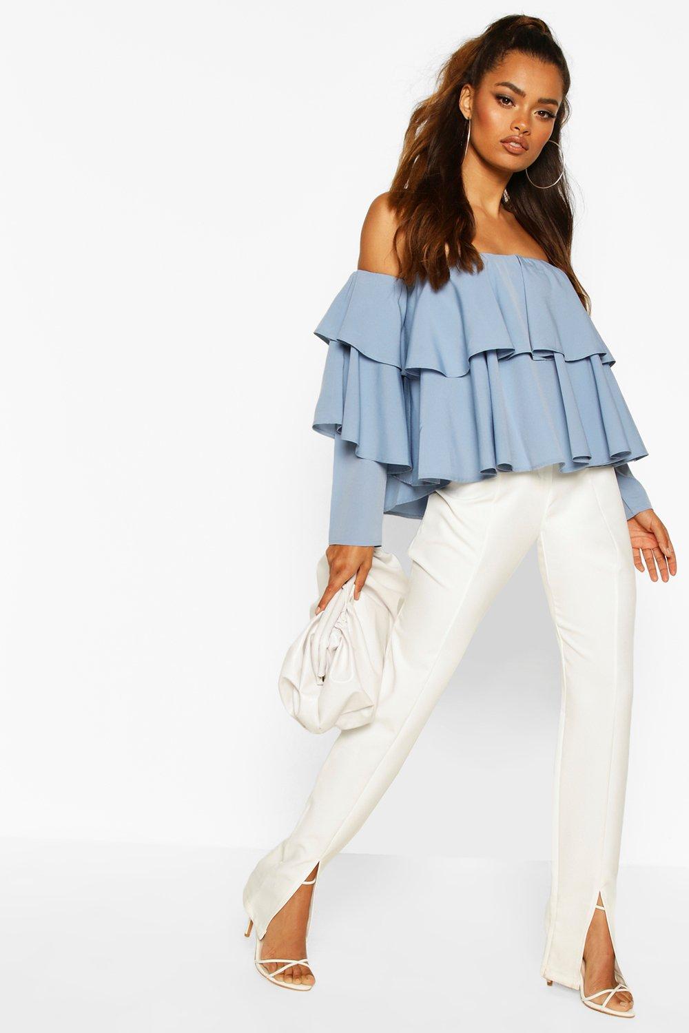 Ruffle off discount the shoulder shirt