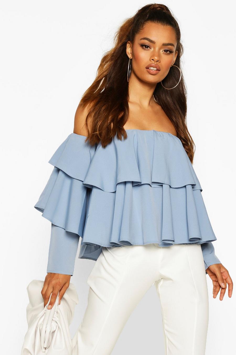 Powder blue Multi Ruffle Off The Shoulder Top image number 1
