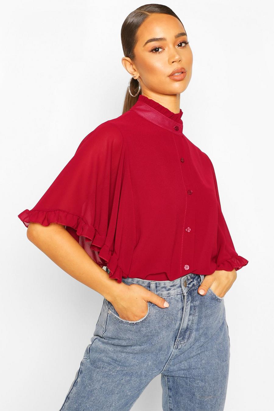 Berry Woven Ruffle Sleeve Tunic Blouse image number 1