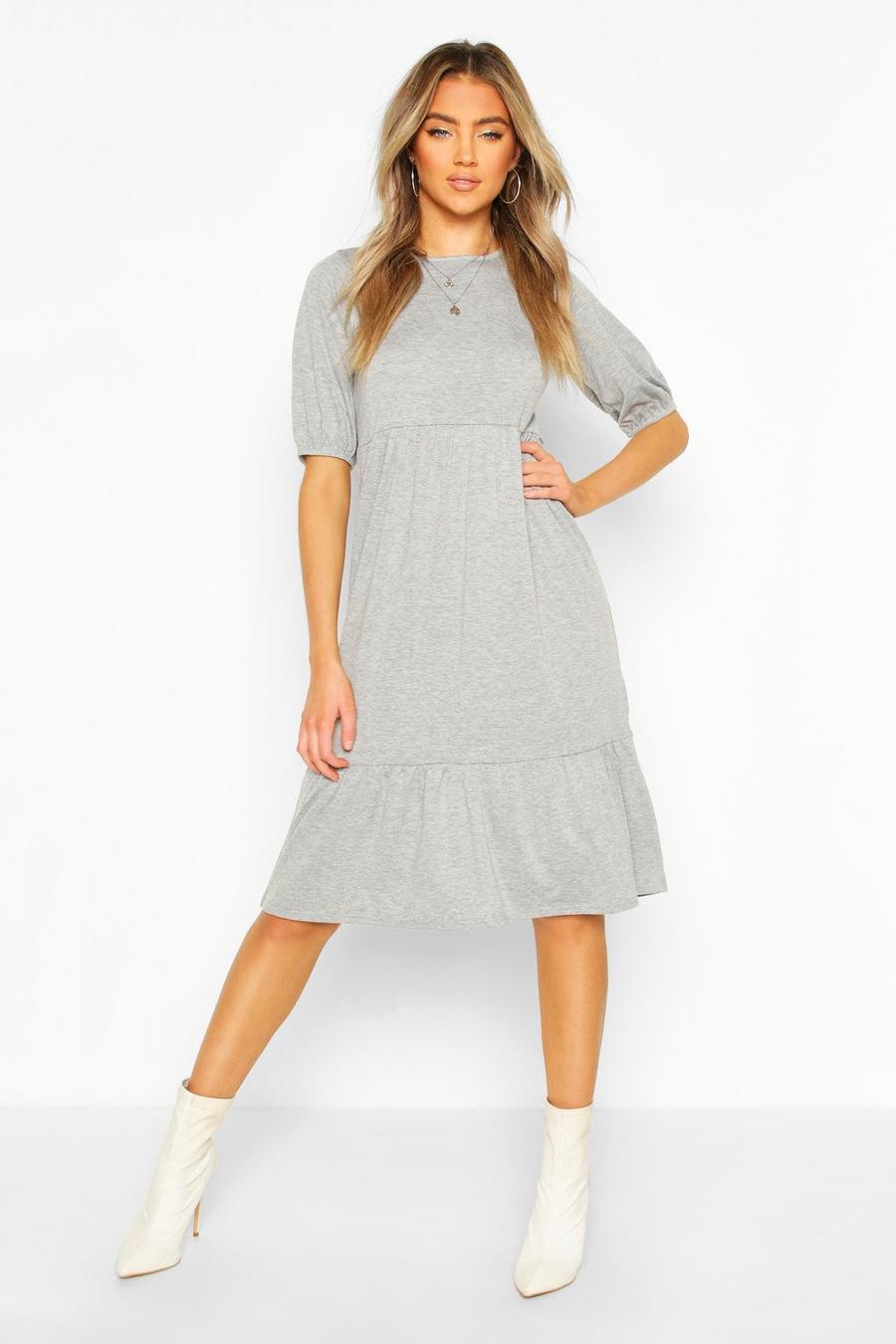 Grey Basic Elasticated Sleeve Drop Hem Midi Dress image number 1