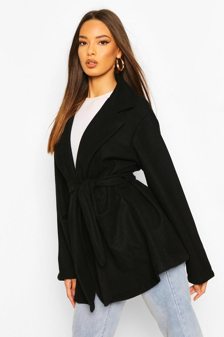 Black Oversized Slouchy Wool Look Belted Coat image number 1