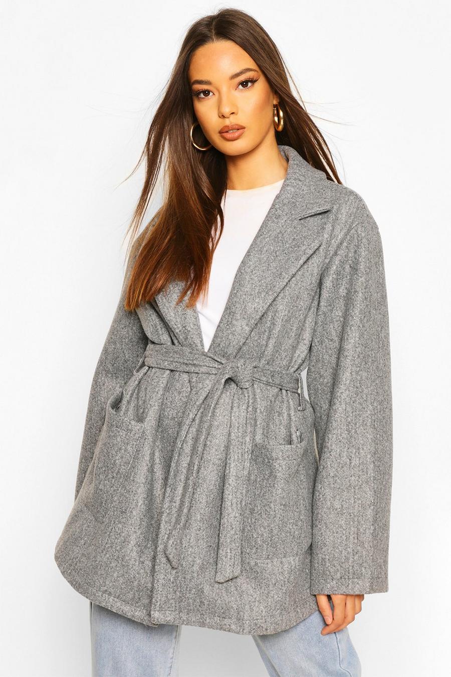 Grey Oversized Slouchy Wool Look Belted Coat image number 1