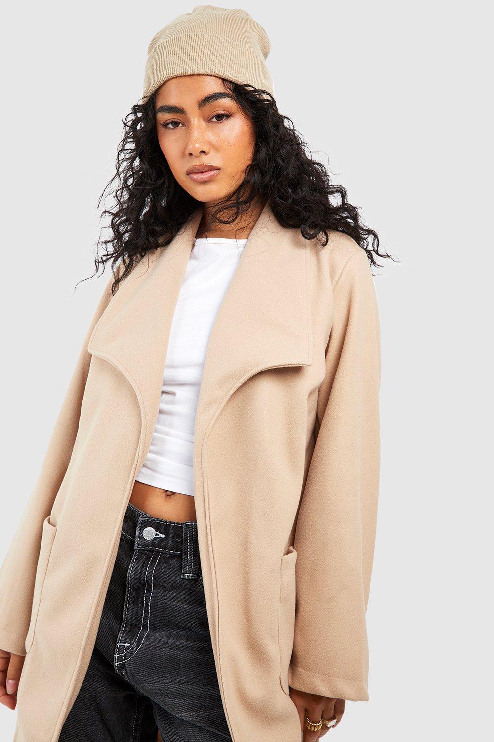 Women's Wide Collar Wrap Coat - Short-Length - Camel Small / Camel