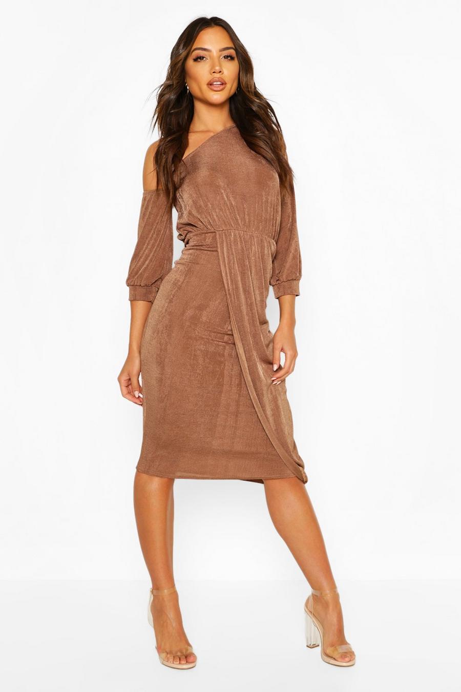 Mocha Textured Slinky Rouched One Shoulder Midi image number 1