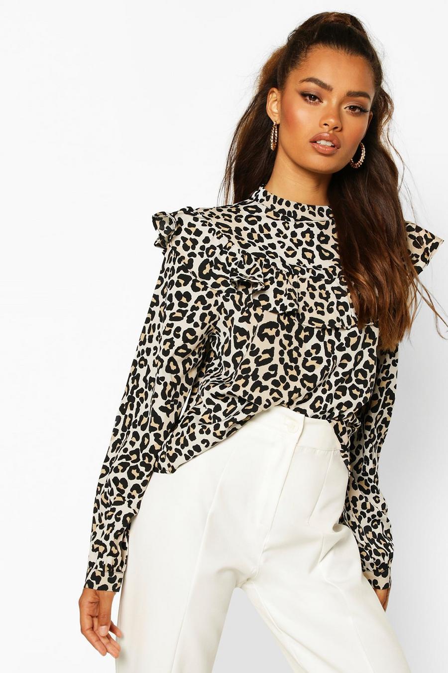 Leopard Print Ruffle Detail Open Back Blouse image number 1