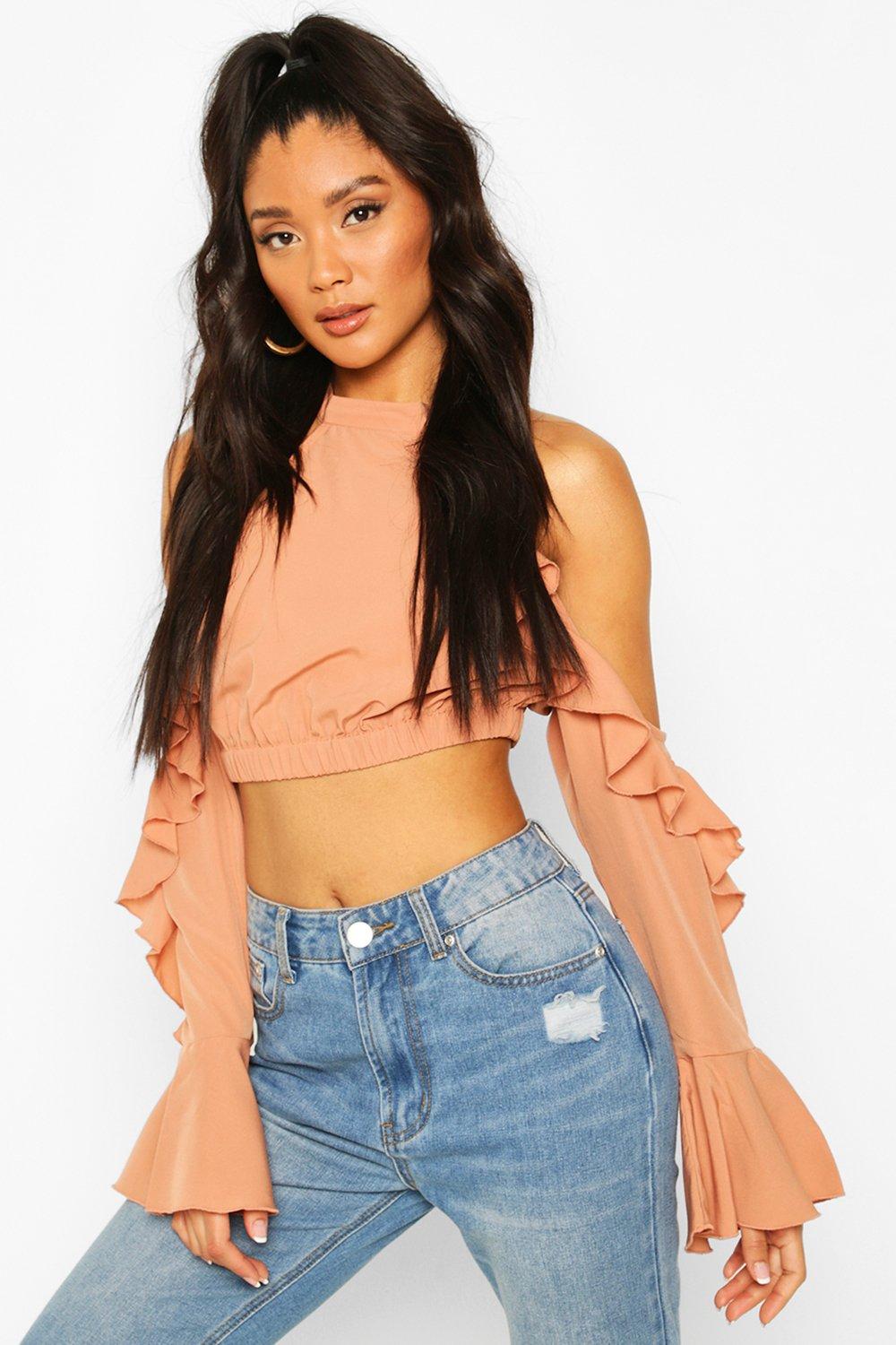 Cold Shoulder Ruffle Flare Sleeve Top