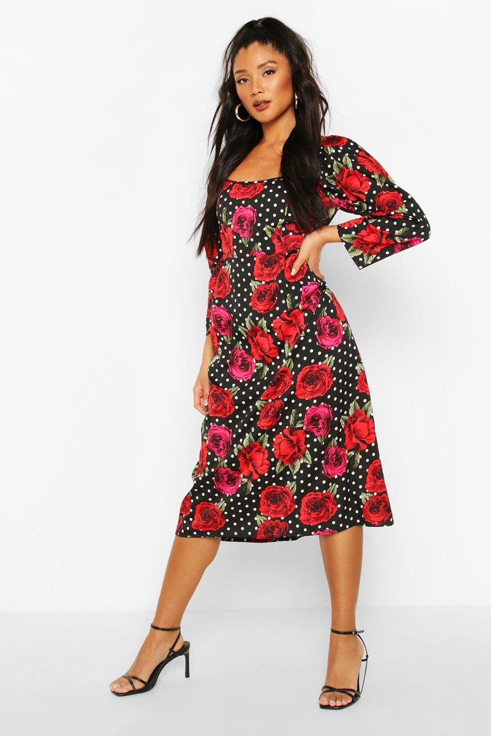 floral polka dot mix midi dress