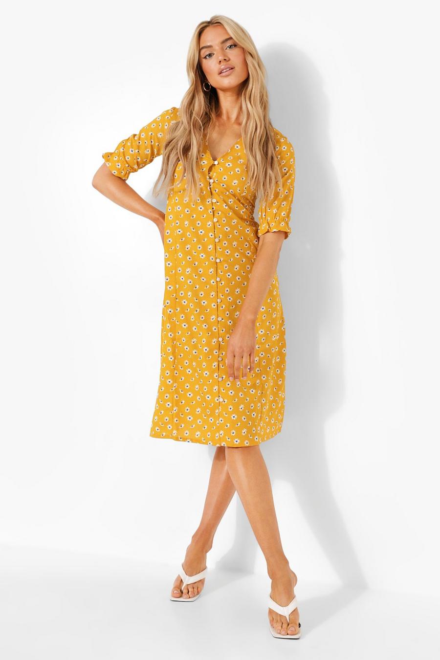 Mustard Daisy Button Through Midi Dress image number 1