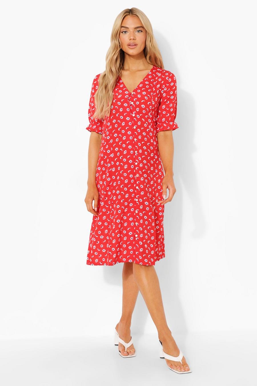 Red Daisy Button Through Midi Dress image number 1