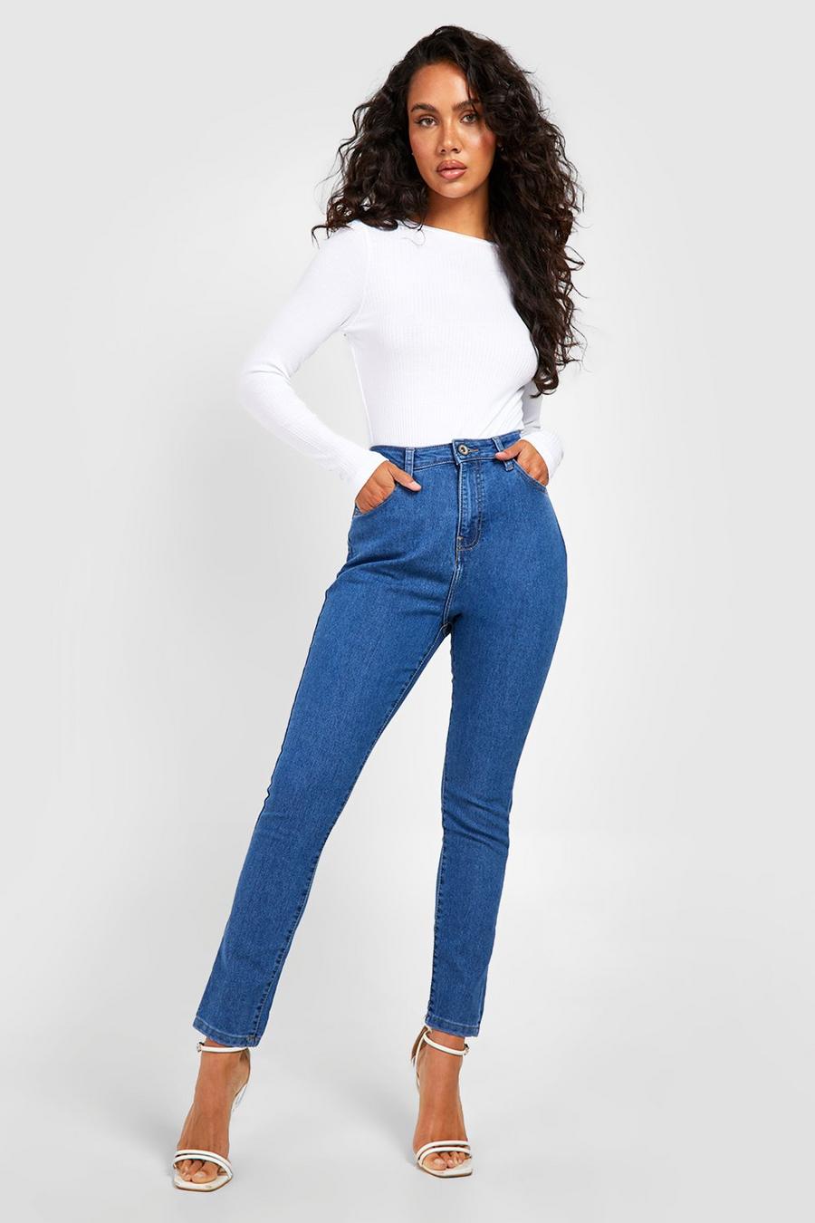 Mid blue Skinny jeans med hög midja image number 1