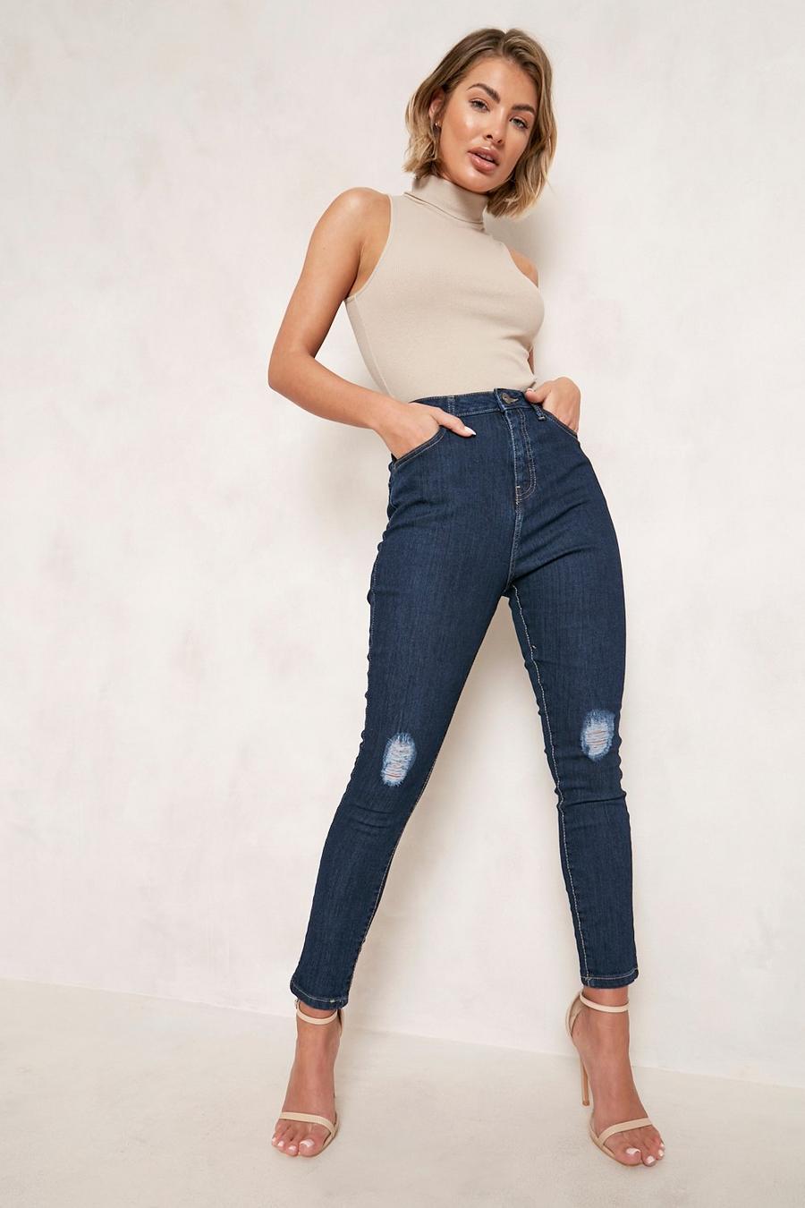 Indigo Basic Högmidjade slitna skinny jeans image number 1