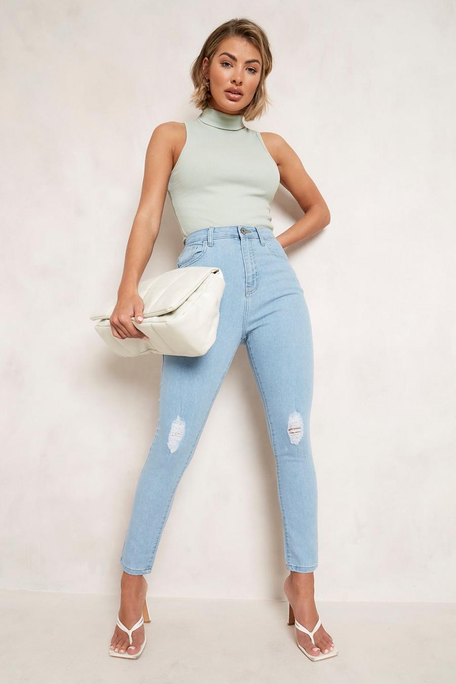 Light blue Basics High Waisted Ripped Skinny Jeans image number 1
